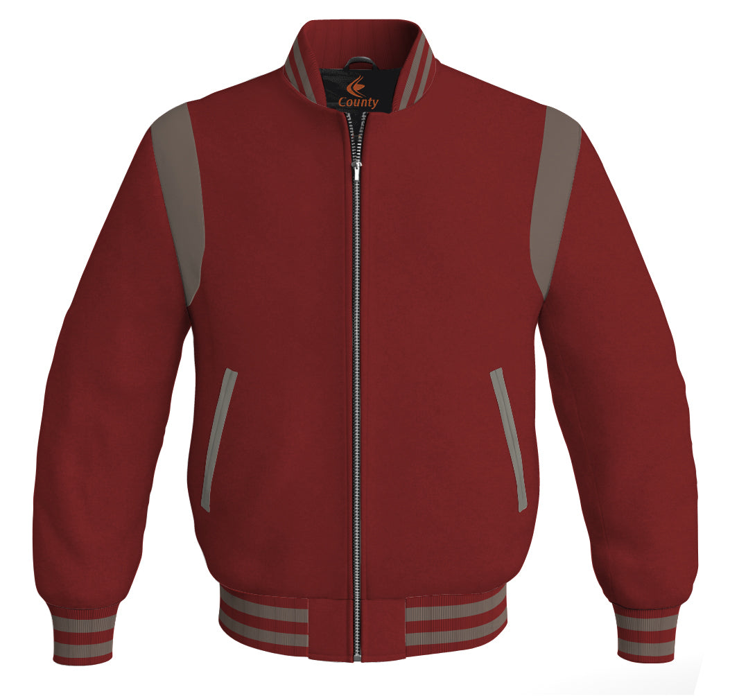 Letterman Baseball Bomber Retro Jacket Maroon Body Gray Leather Inserts