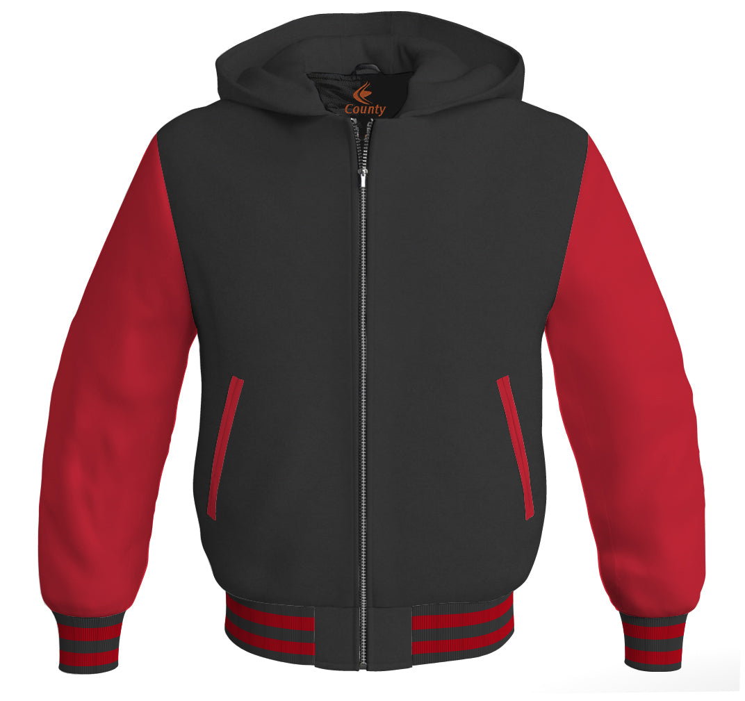 Hoodies For Men Black Body and Red Leather Sleeves Varsity Hoodie