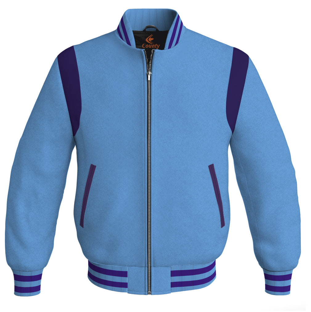 Letterman Baseball Bomber Retro Jacket Sky Blue Body Purple Leather Inserts