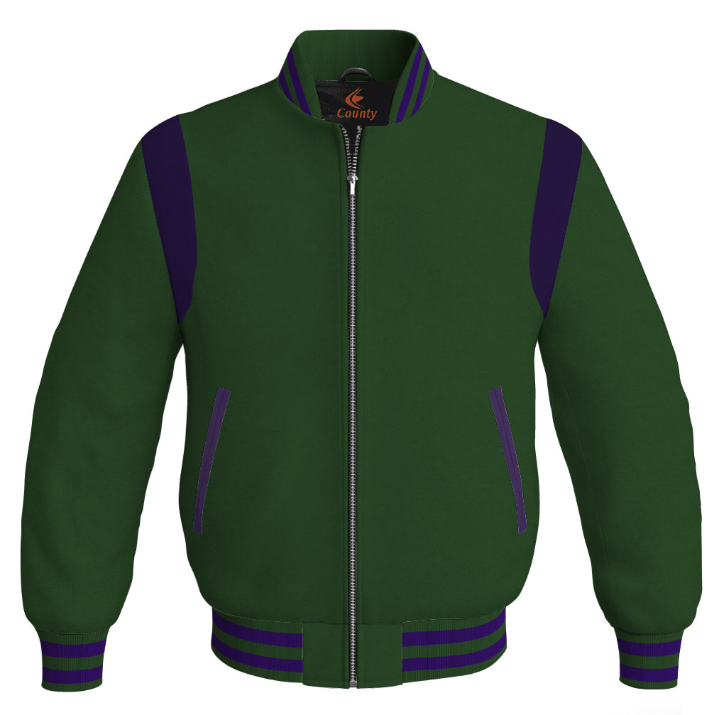 Letterman Baseball Bomber Retro Jacket Forest Green Body Purple Leather Inserts