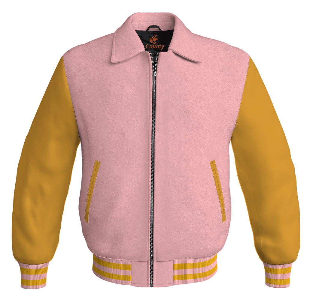 Luxury Bomber Classic Jacket Pink Body and Golden Leather Sleeves