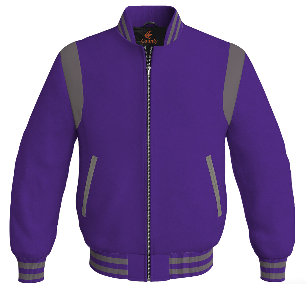 Letterman Baseball Bomber Retro Jacket Purple Body Gray Leather Inserts