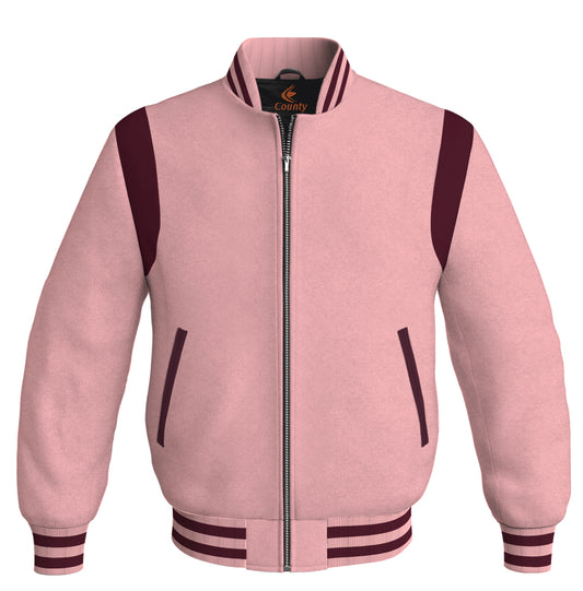 Letterman Baseball Bomber Retro Jacket Pink Body Maroon Leather Inserts