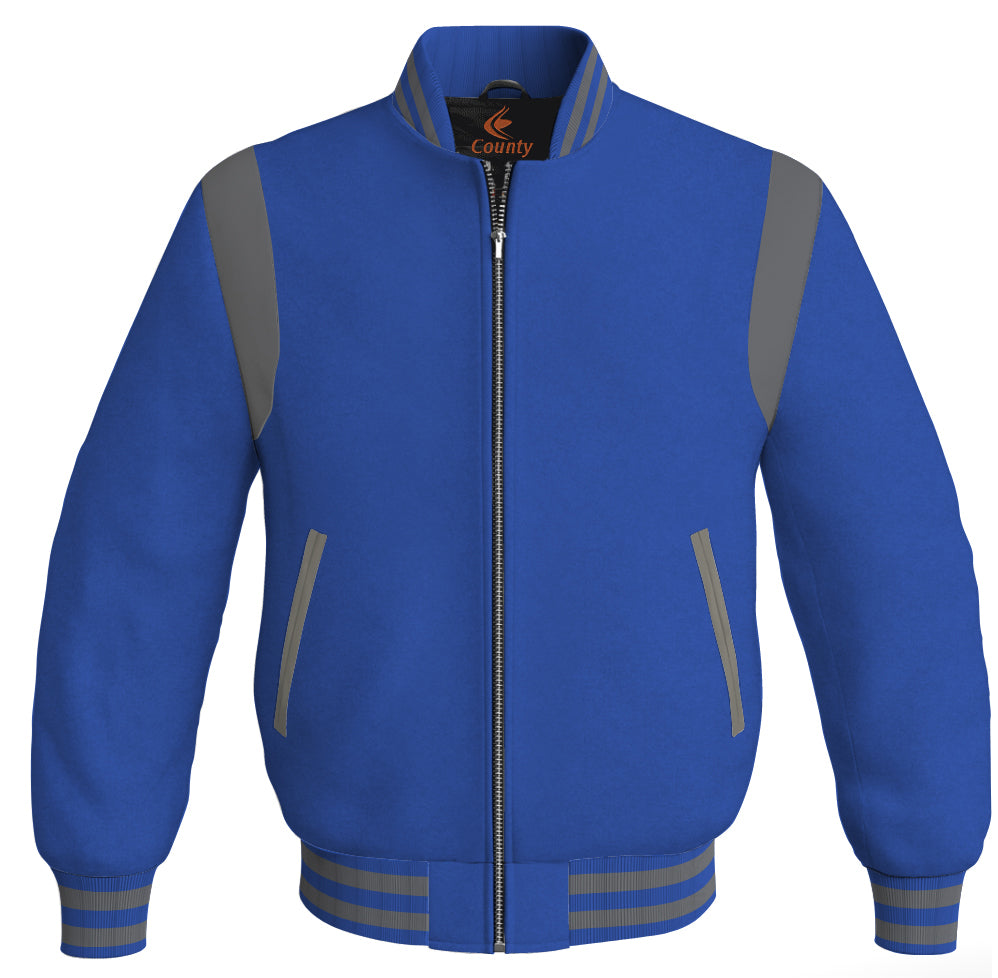 Letterman Baseball Bomber Retro Jacket Royal Blue Body Gray Leather Inserts