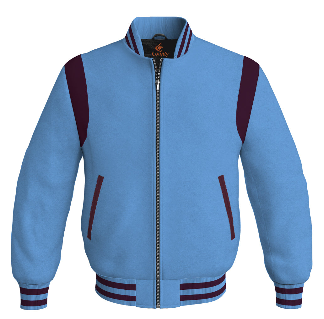 Letterman Baseball Bomber Retro Jacket Sky Blue Body Maroon Leather Inserts