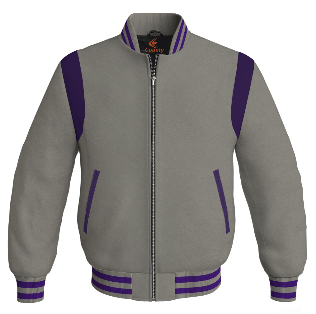 Letterman Baseball Bomber Retro Jacket Gray Body Purple Leather Inserts