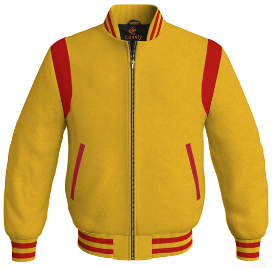 Letterman Baseball Bomber Retro Jacket Yellow/Gold Body Red Leather Inserts