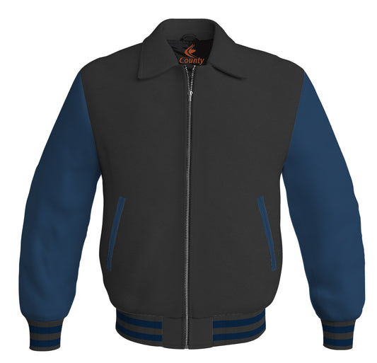 Luxury Bomber Classic Jacket Black Body and Navy Blue Leather Sleeves