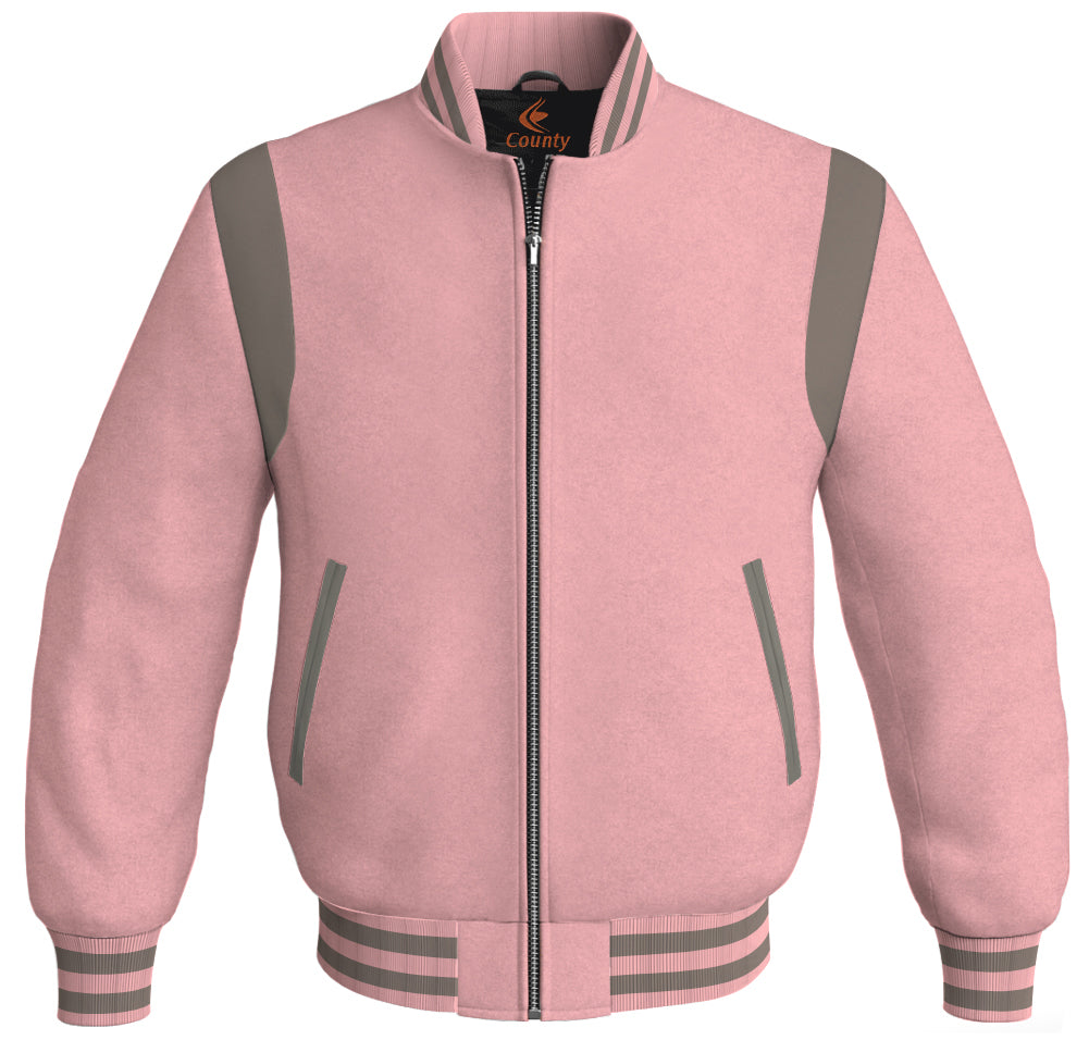 Letterman Baseball Bomber Retro Jacket Pink Body Gray Leather Inserts