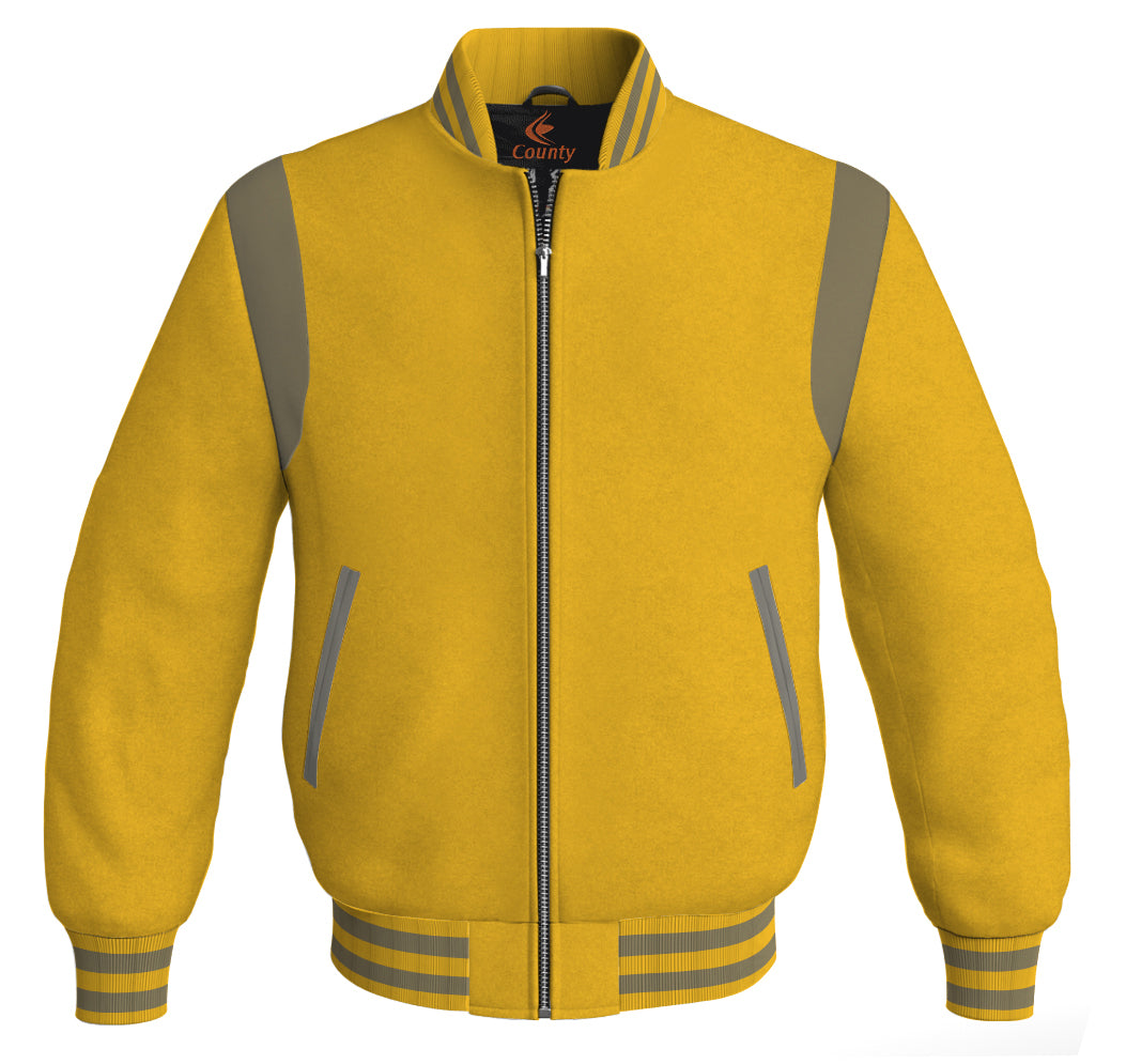 Letterman Baseball Bomber Retro Jacket Yellow/Gold Body Gray Leather Inserts