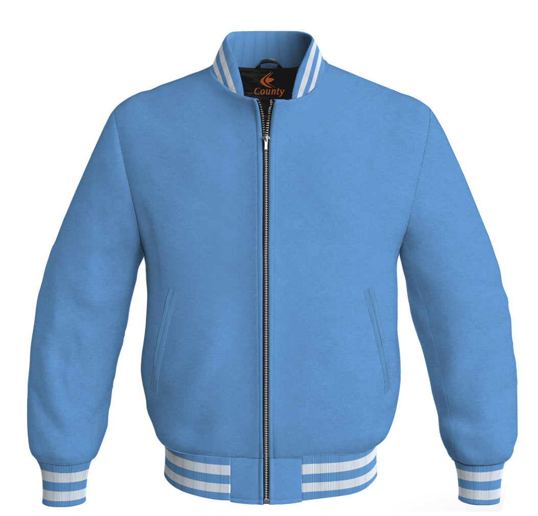 Letterman Jacket Bomber Sky Blue Body Sleeves Wool Fleece Personalized Varsity Jacket