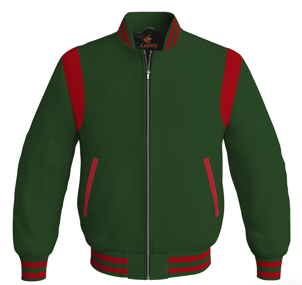 Letterman Baseball Bomber Retro Jacket Forest Green Body Red Leather Inserts