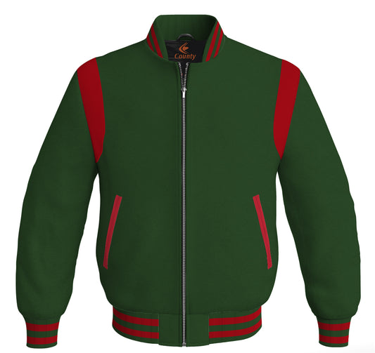 Letterman Baseball Bomber Retro Jacket Forest Green Body Red Leather Inserts