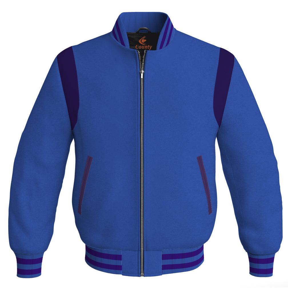 Letterman Baseball Bomber Retro Jacket Royal Blue Body Purple Leather Inserts