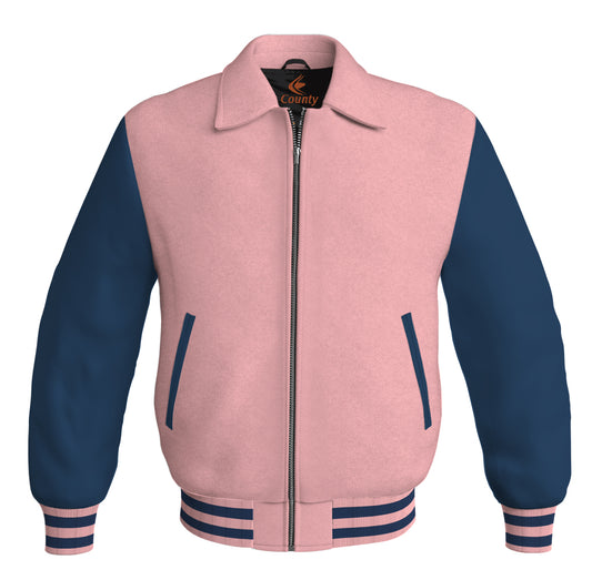 Bomber Classic Jacket Pink Body and Navy Blue Leather Sleeves