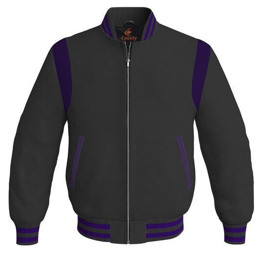 Letterman Baseball Bomber Retro Jacket Black Body Purple Leather Inserts