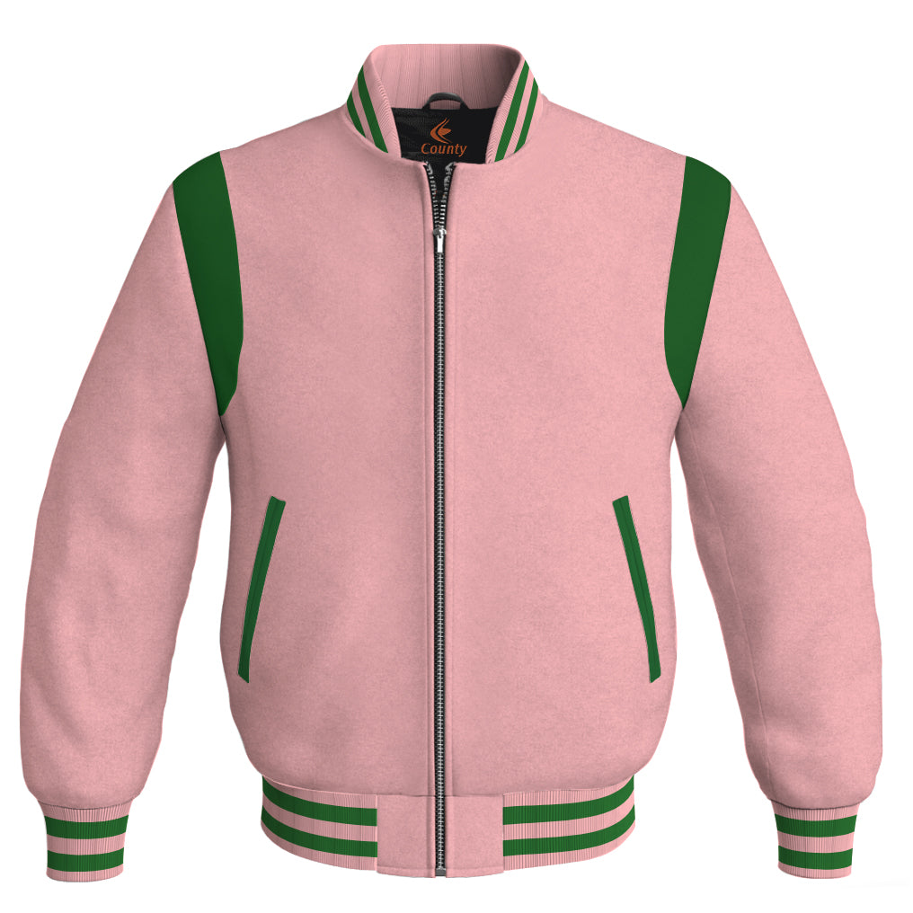 Letterman Baseball Bomber Retro Jacket Pink Body Green Leather Inserts