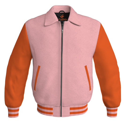 Luxury Bomber Classic Jacket Pink Body and Orange Leather Sleeves