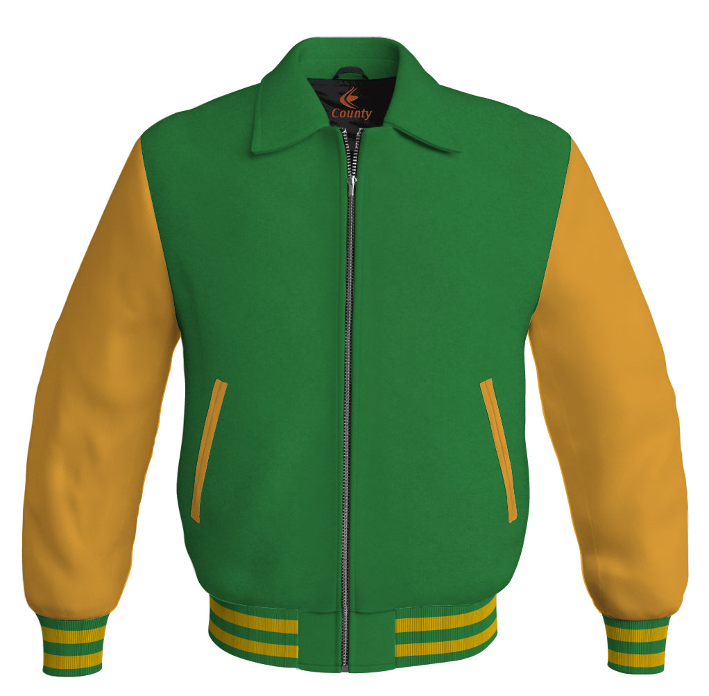 Luxury Bomber Classic Jacket Green Body and Golden Leather Sleeves