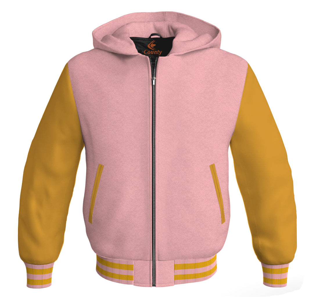 Letterman Bomber Hoodie Jacket Pink Body Gold Leather Sleeves