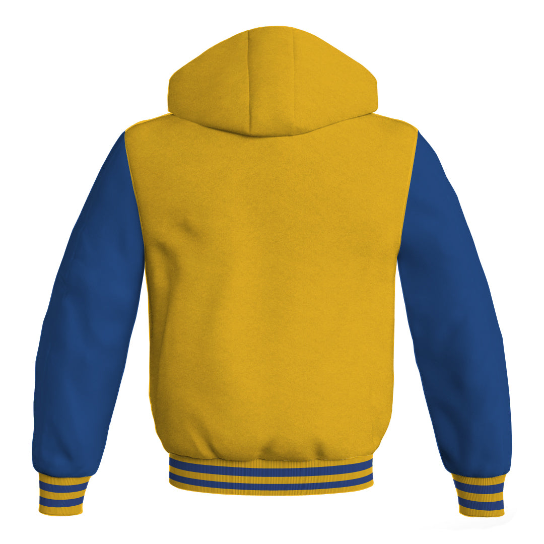 Letterman Bomber Hoodie Jacket Yellow/Gold Body Blue Leather 