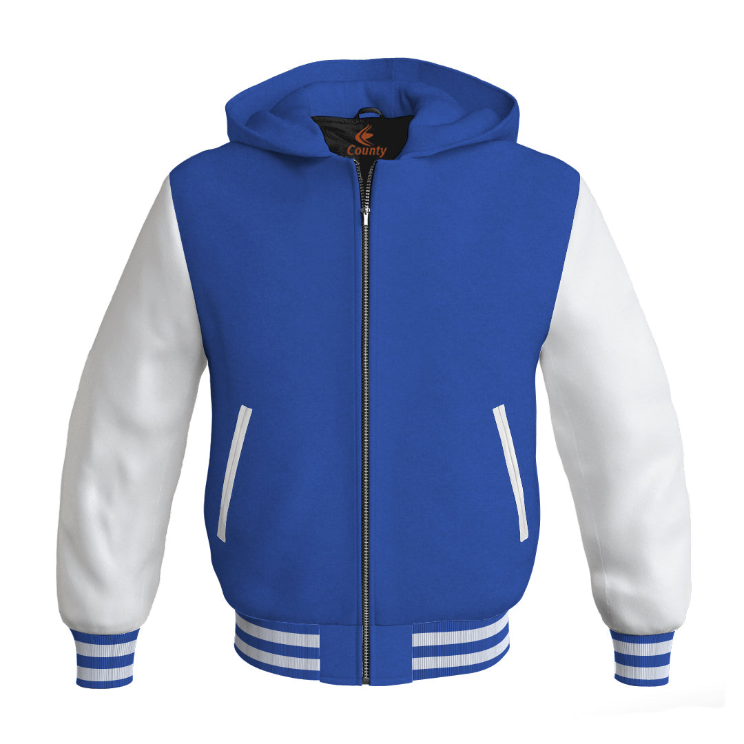 Letterman Bomber Hoodie Jacket Royal Blue Body White Leather Sleeves