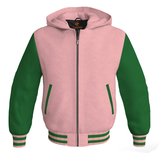 Letterman Bomber Hoodie Jacket Pink Body Green Leather Sleeves