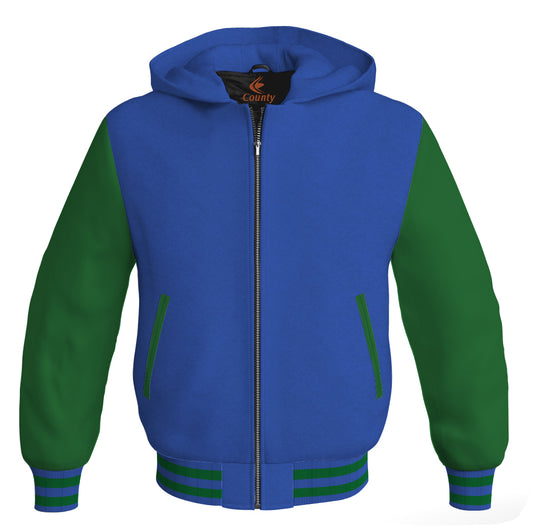 Letterman Bomber Hoodie Jacket Royal Blue Body Green Leather Sleeves