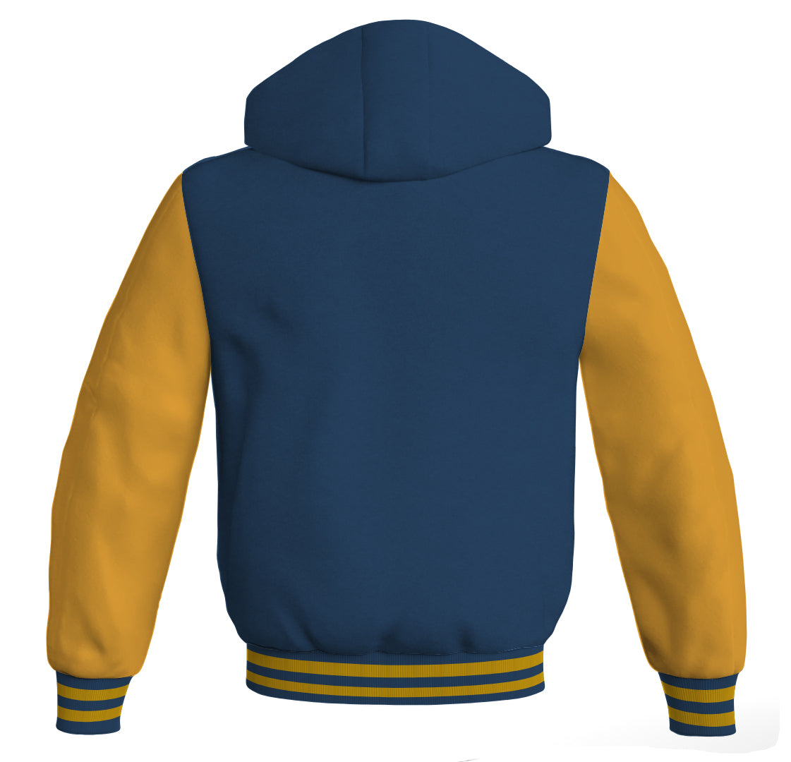 Hoodies For Men Navy Blue Body and Gold Leather Sleeves Varsity Hoodie