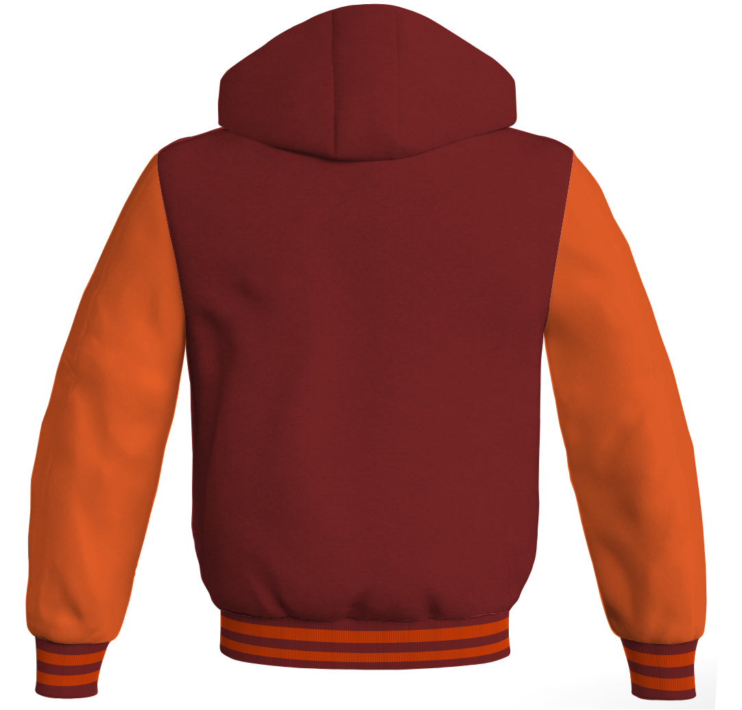 Letterman Bomber Hoodie Jacket Maroon Body Orange Leather 