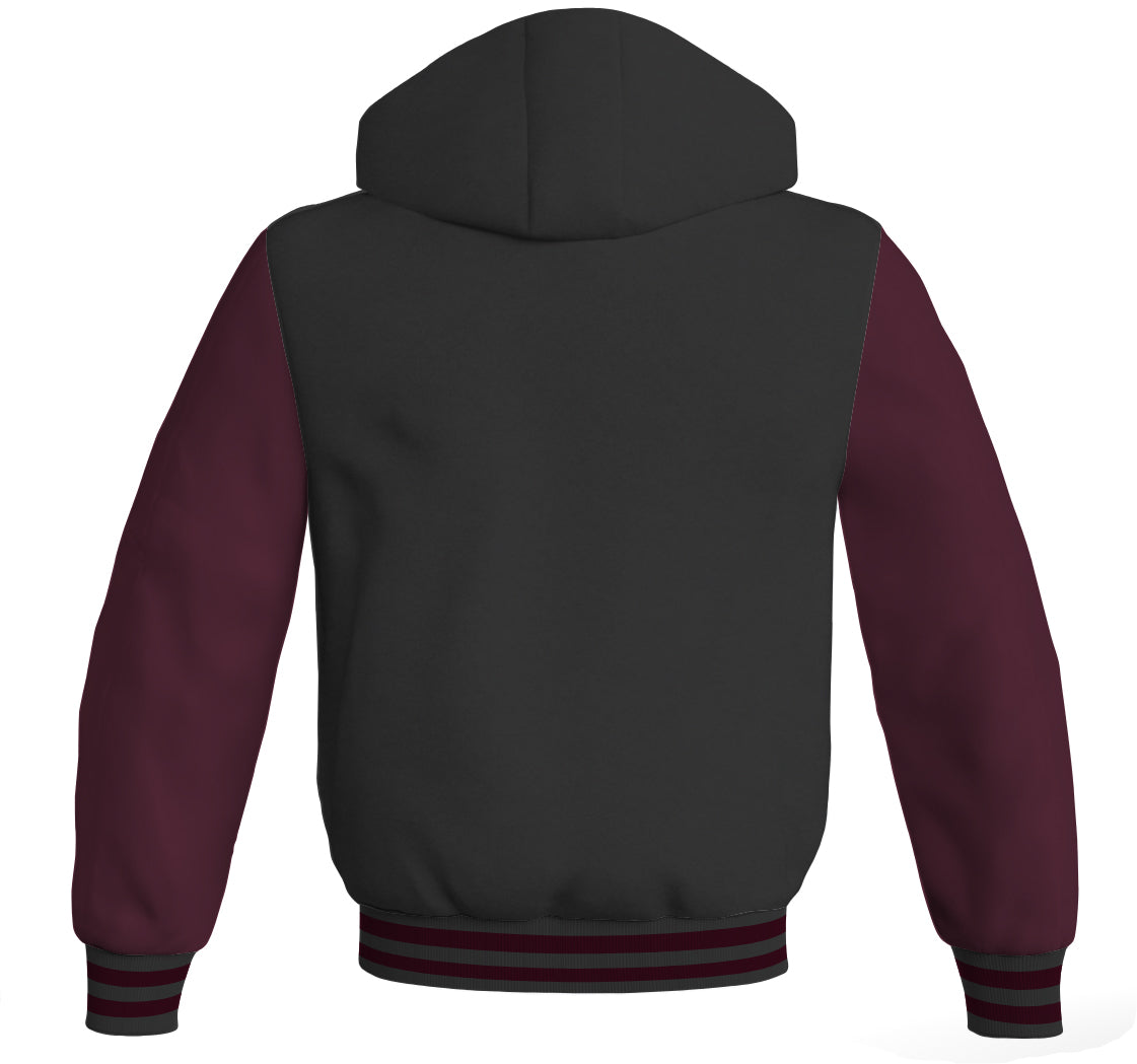 Hoodies For Men Black Body and Maroon Leather Sleeves Varsity Hoodie