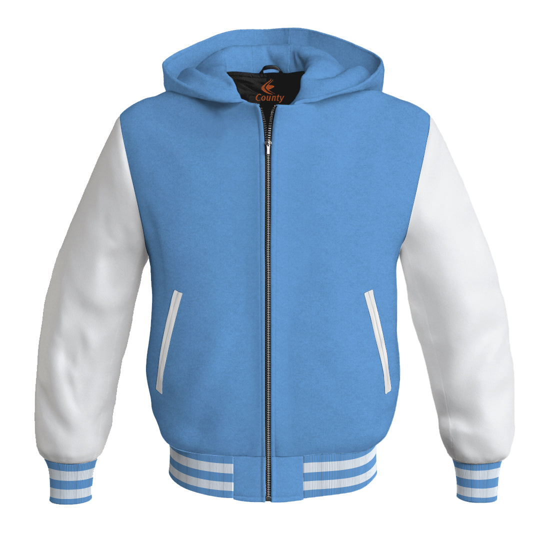 Letterman Bomber Hoodie Jacket Sky Blue Body White Leather Sleeves