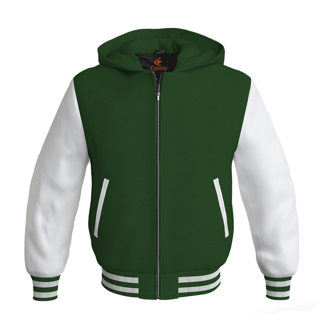 Letterman Bomber Hoodie Jacket Forest Green Body White Leather Sleeves