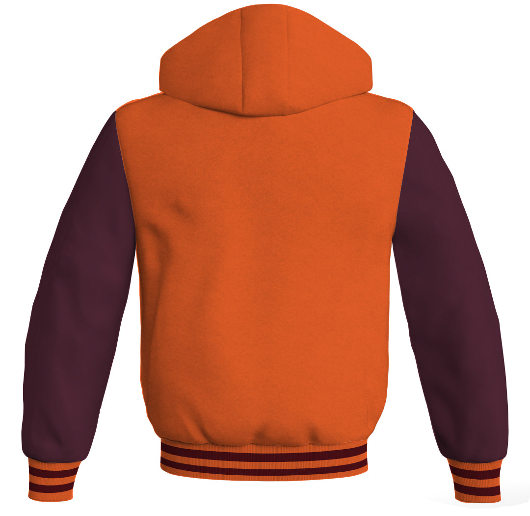 Letterman Bomber Hoodie Jacket Orange Body Maroon Leather 