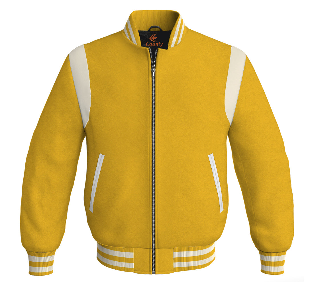 Letterman Baseball Bomber Retro Jacket Yellow/Gold Body White Leather Inserts