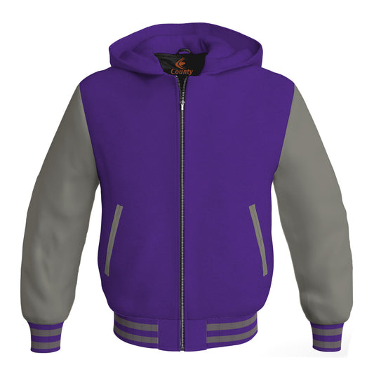 Letterman Bomber Hoodie Jacket Purple Body Gray Leather Sleeves