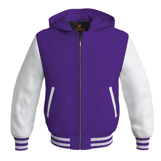 Letterman Bomber Hoodie Jacket Purple Body White Leather Sleeves