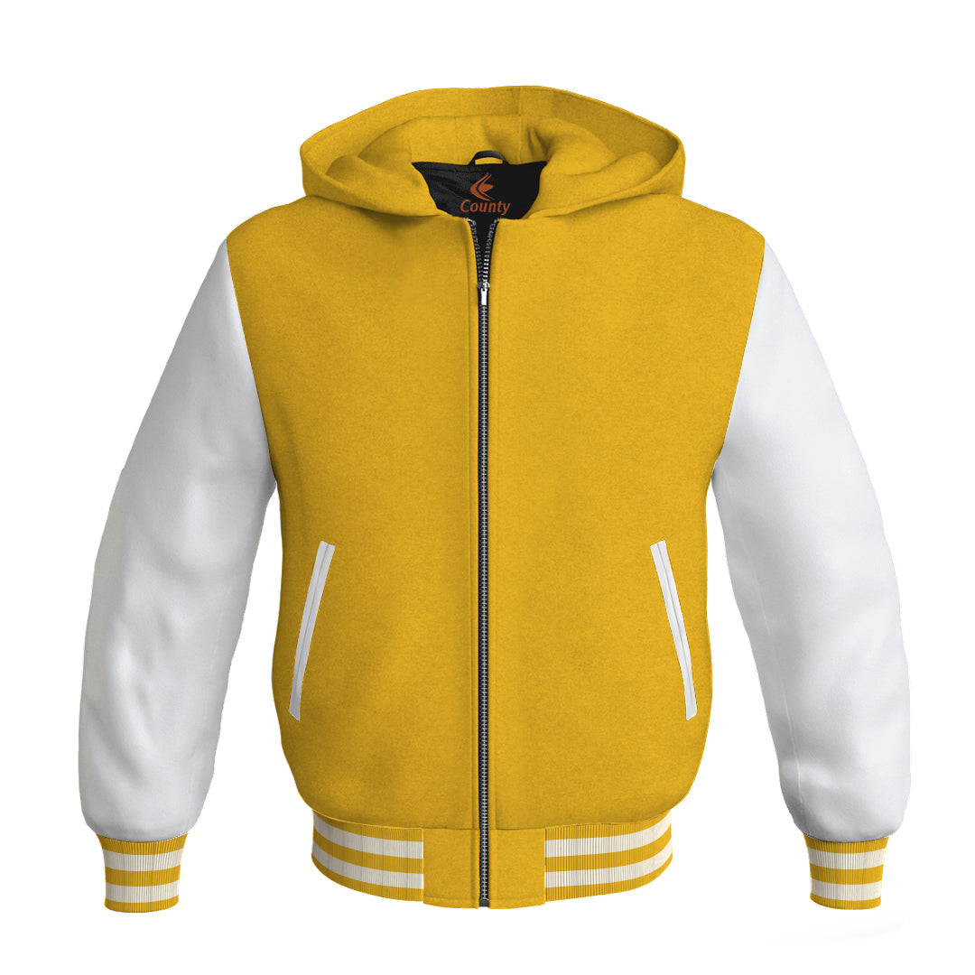 Letterman Bomber Hoodie Jacket Yellow/Gold Body White Leather Sleeves