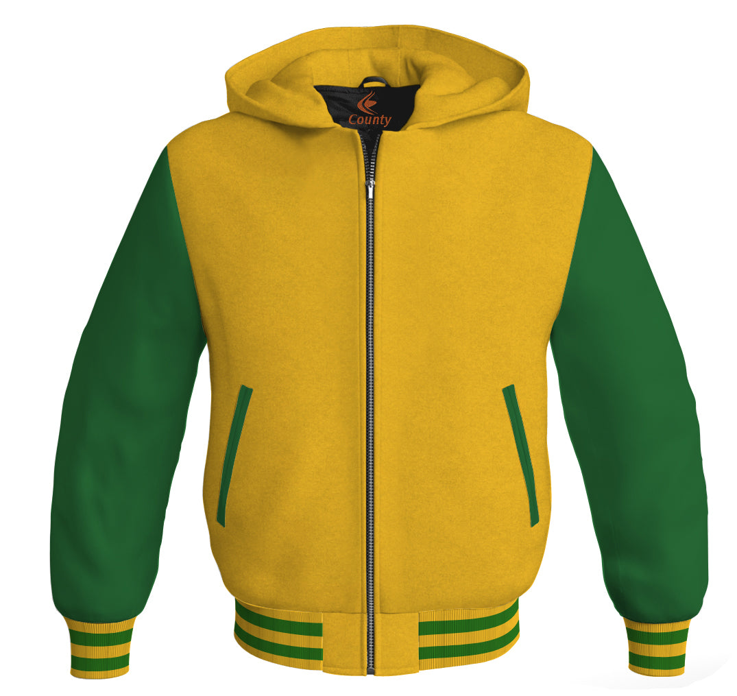 Letterman Bomber Hoodie Jacket Yellow/Gold Body Green Leather Sleeves