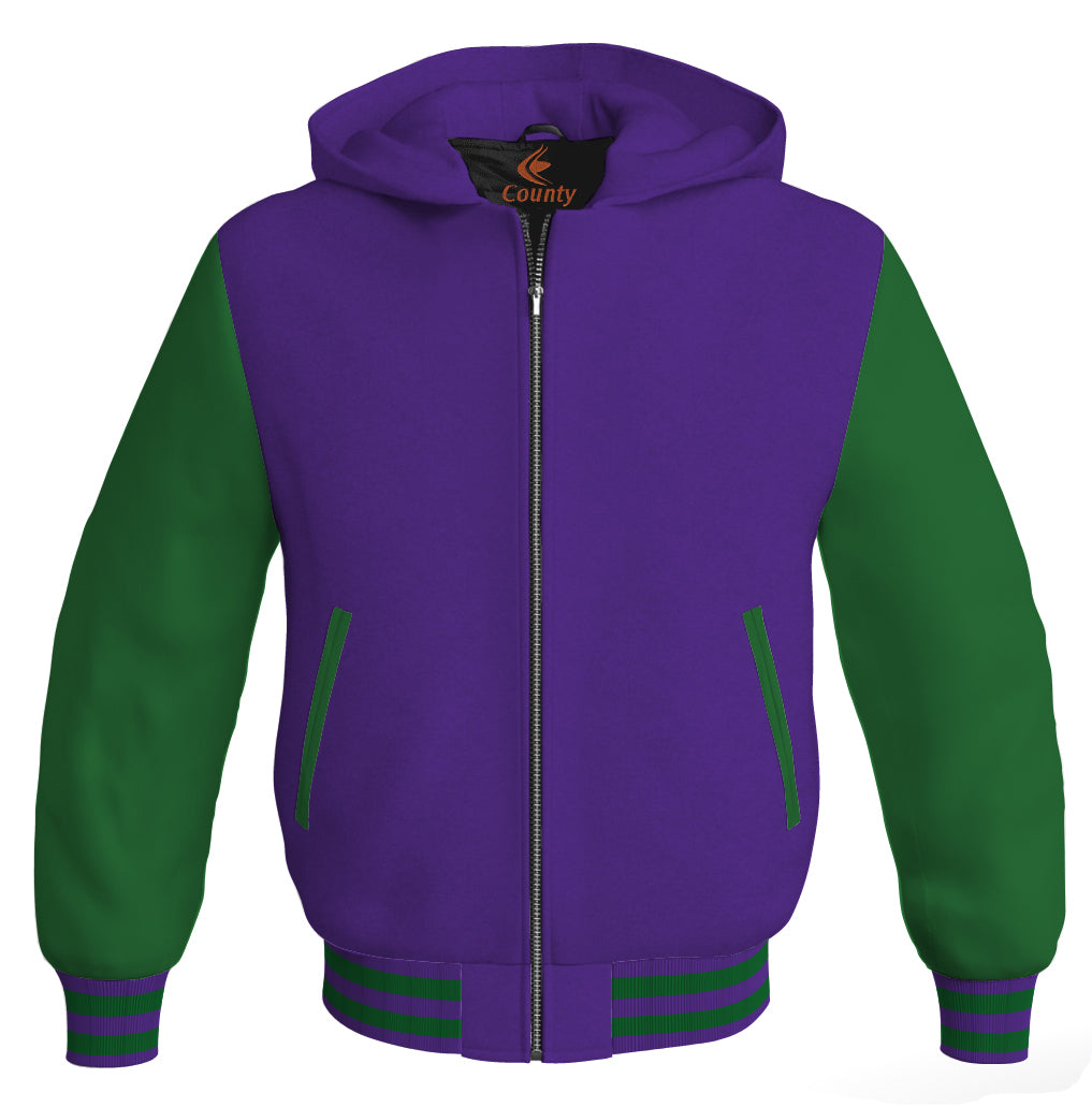 Letterman Bomber Hoodie Jacket Purple Body Green Leather Sleeves