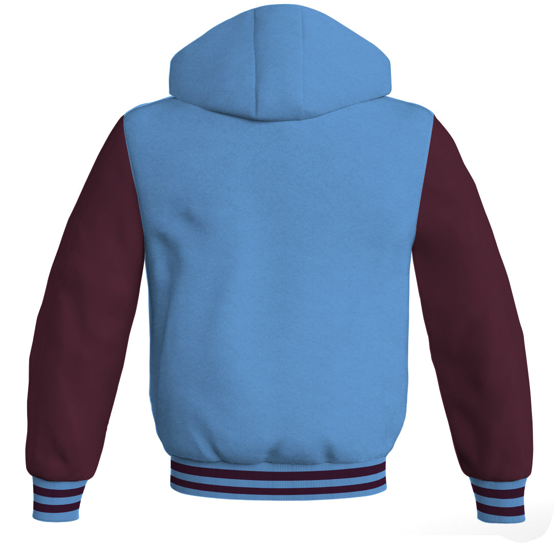 Letterman Bomber Hoodie Jacket Sky Blue Body Maroon Leather 