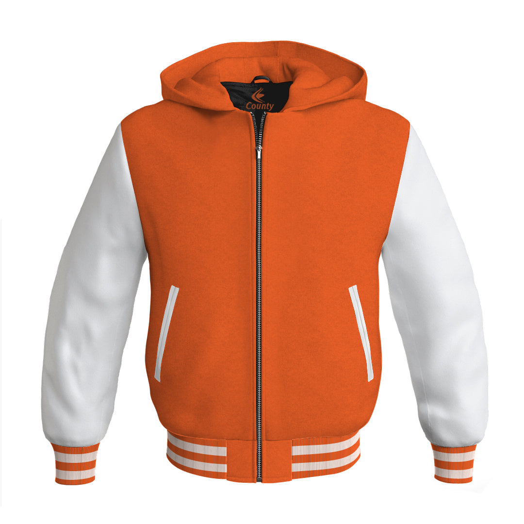 Letterman Bomber Hoodie Jacket Orange Body White Leather Sleeves