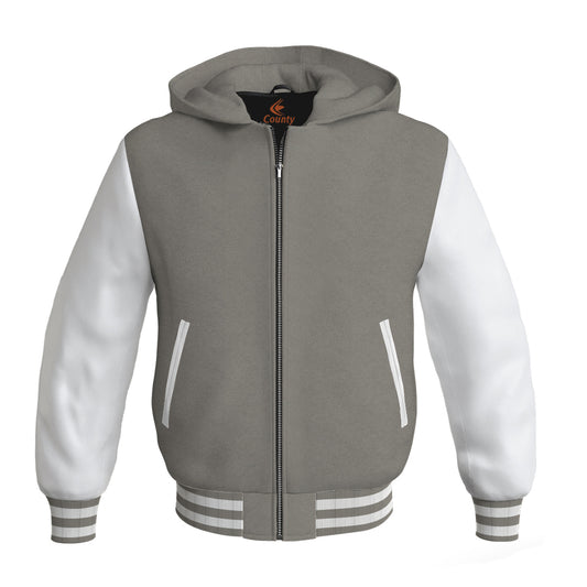 Letterman Bomber Hoodie Jacket Gray Body White Leather Sleeves