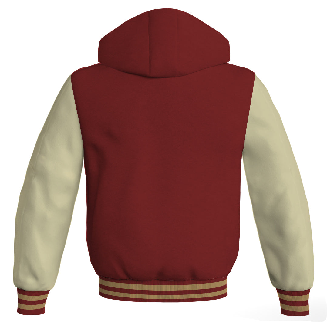 Letterman Bomber Hoodie Jacket Maroon Body Cream Leather 