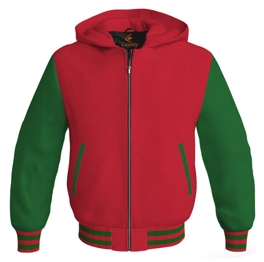 Letterman Bomber Hoodie Jacket Red Body Green Leather Sleeves