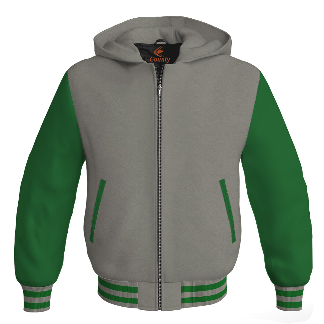 Letterman Bomber Hoodie Jacket Gray Body Green Leather Sleeves