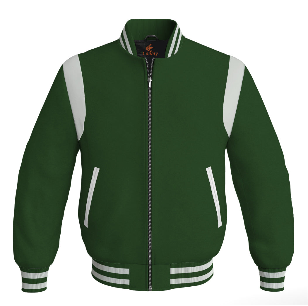 Letterman Baseball Bomber Retro Jacket Forest Green Body White Leather Inserts