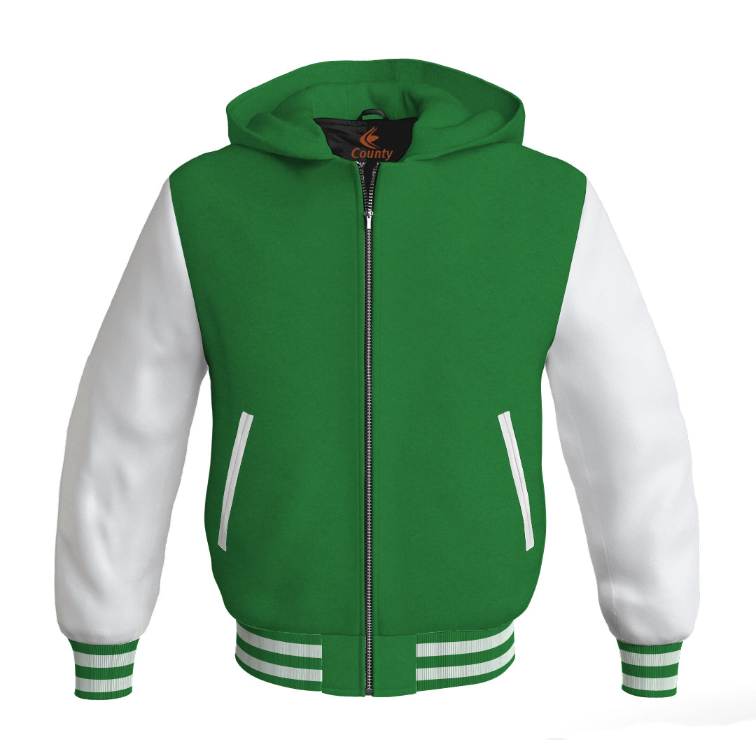 Letterman Bomber Hoodie Jacket Green Body White Leather Sleeves