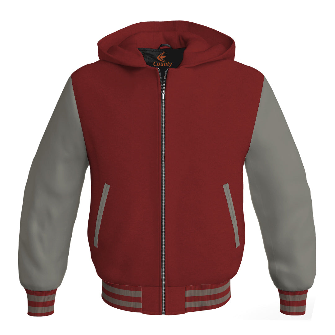 Letterman Bomber Hoodie Jacket Maroon Body Gray Leather Sleeves