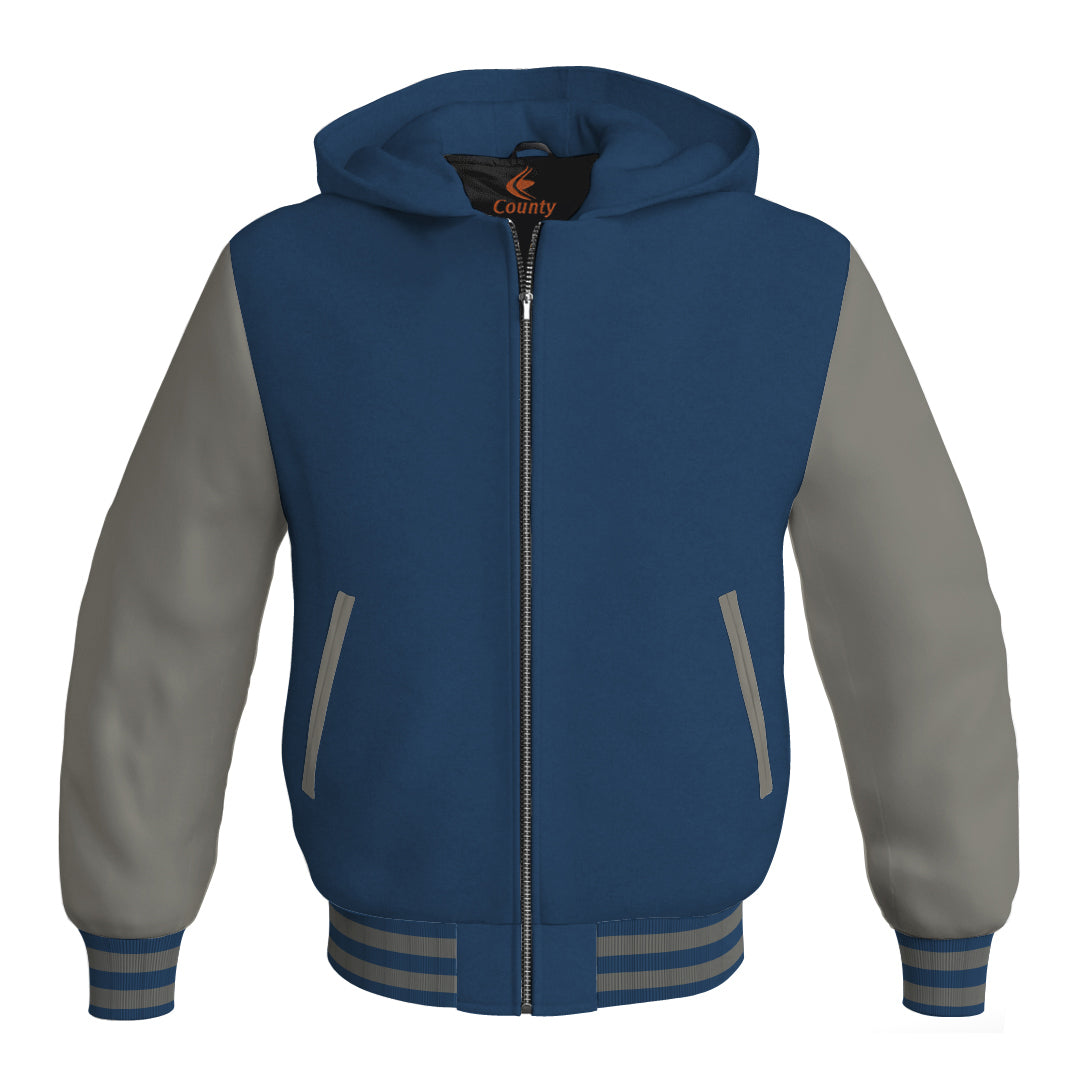 Hooded Bomber Women Navy Blue Body and Gray Leather Sleeves Custom Hoodies